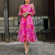 Scarlett Hughes | Women's Floral Midi Dress in Hot Pink Organza