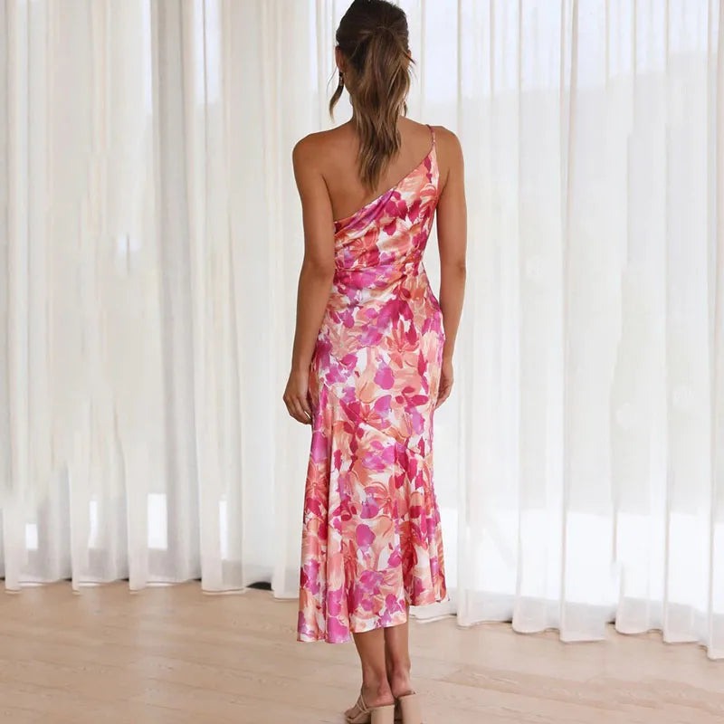 Verity Langton | Women's Satin Floral Midi Dress One Shoulder