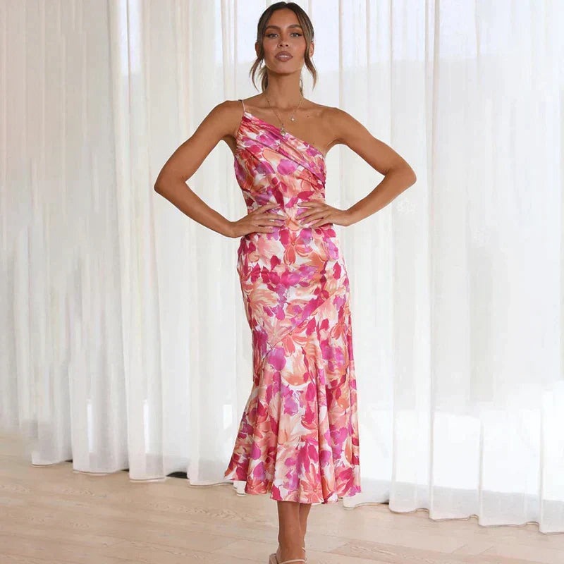 Verity Langton | Women's Satin Floral Midi Dress One Shoulder