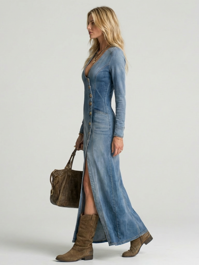 Lyra Calloway | Button Front Denim Maxi Dress