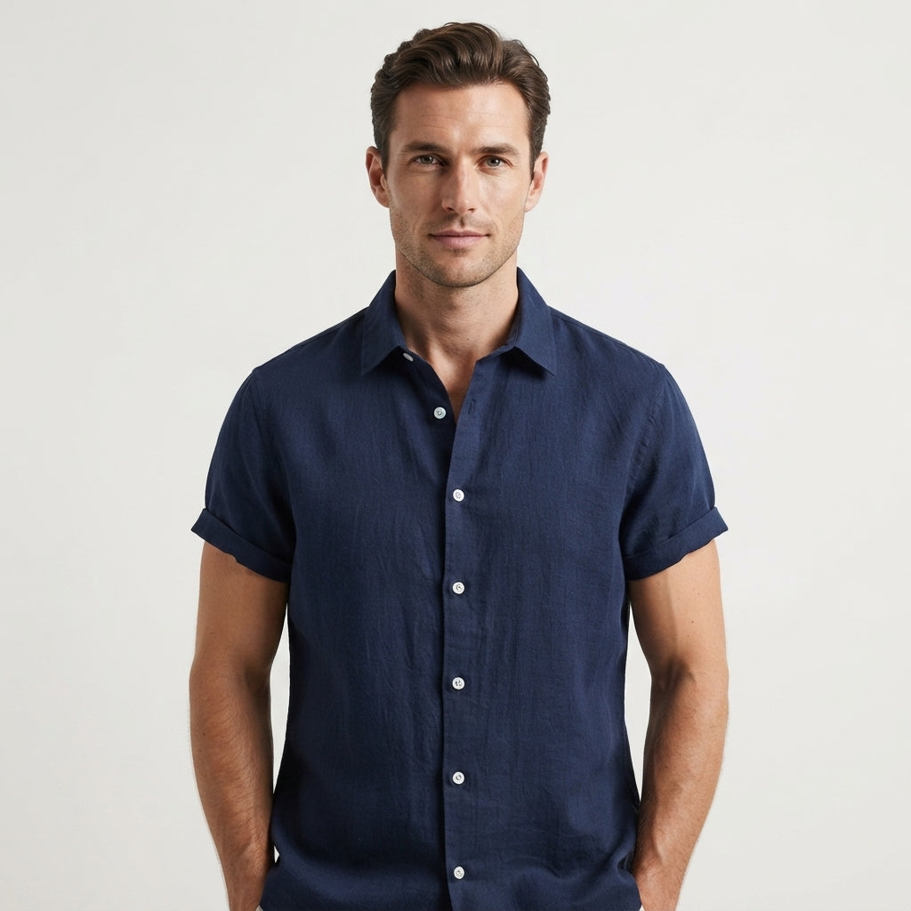 Theo Calder | Men's Linen Blend Short Sleeve Shirt in Rich Terracotta