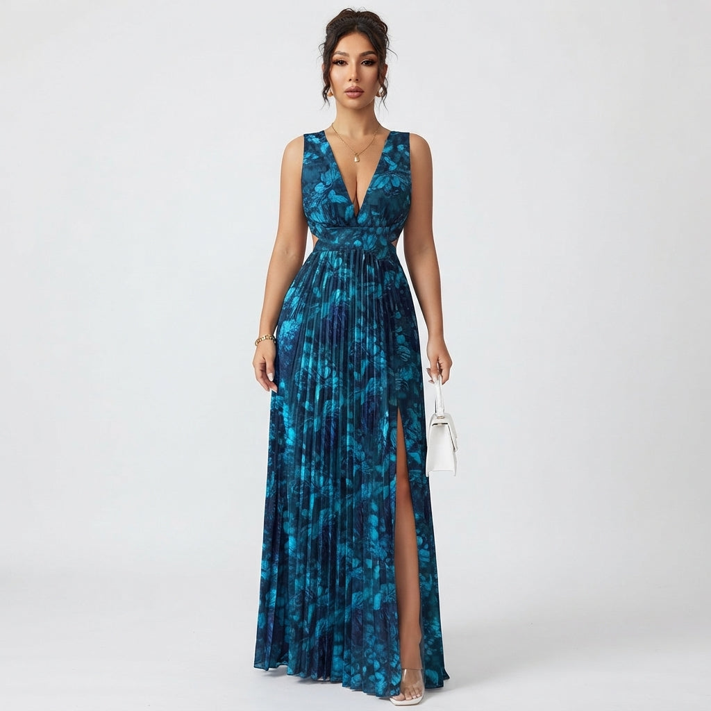 Victoria Beckwith | Robe longue plissée à fleurs et décolleté en V profond