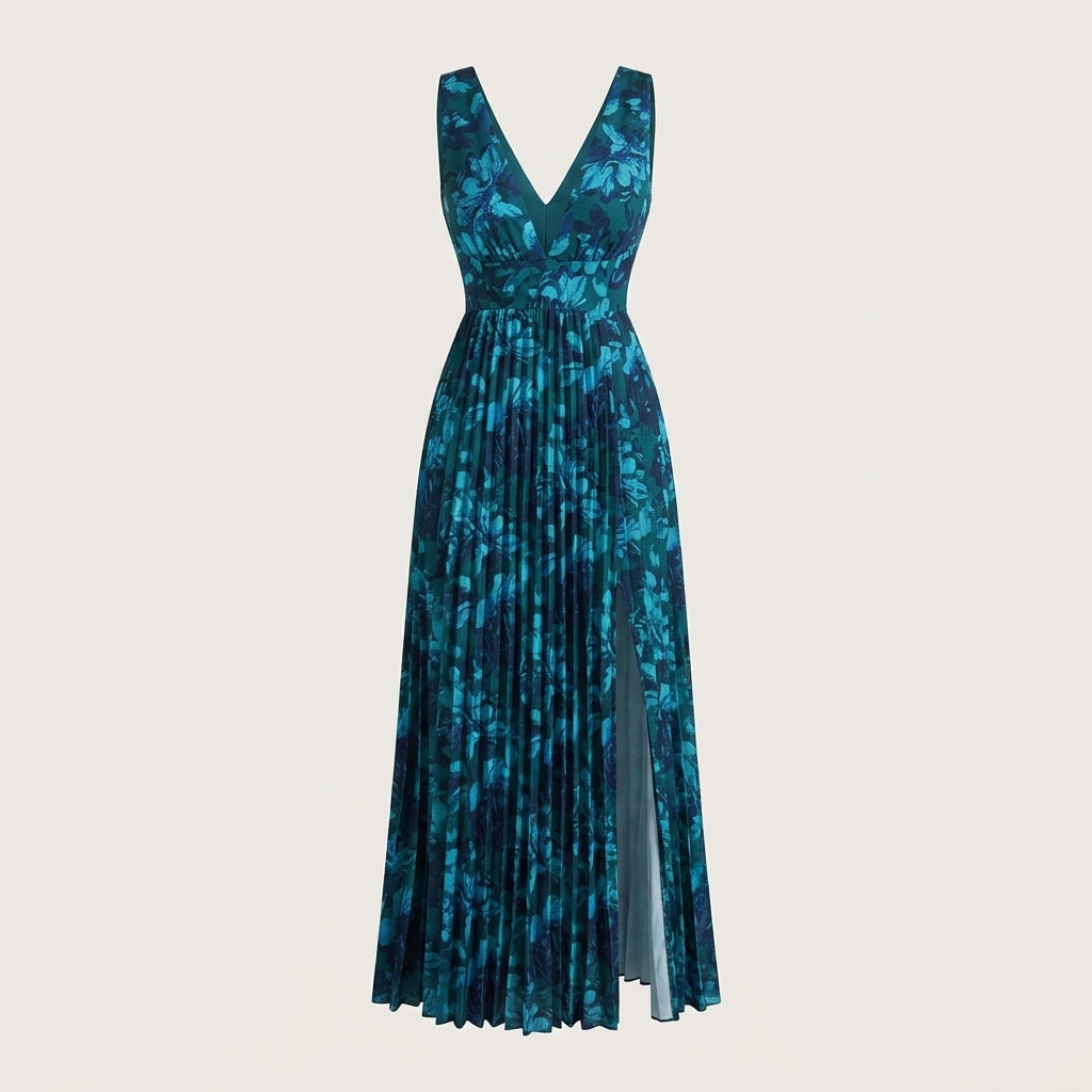 Victoria Beckwith | Robe longue plissée à fleurs et décolleté en V profond
