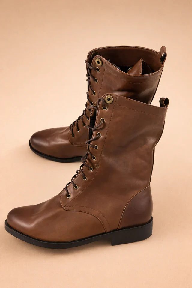 Celeste Morvain | Women's Retro Lace-Up Combat Boots in Tan