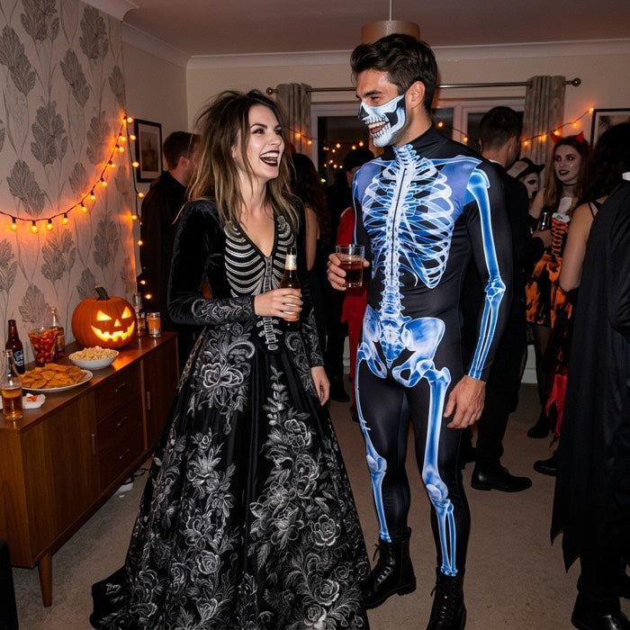 Couple at a house party, she in the skeleton gown and he in the skeleton suit