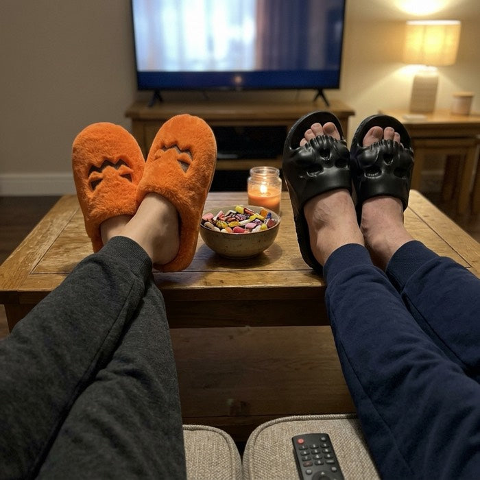 Couple on a sofa wearing pumpkin and skull Halloween slippers