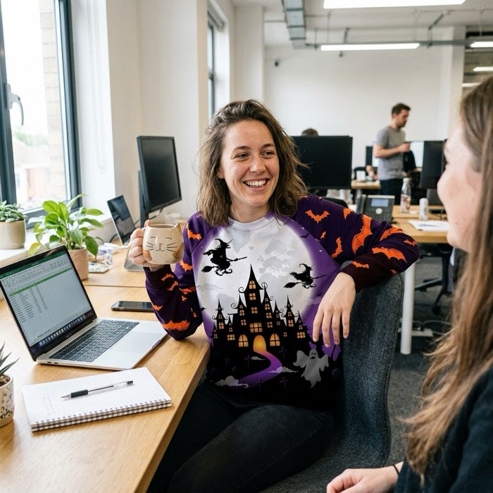 Woman in a purple witch print Halloween jumper at her desk