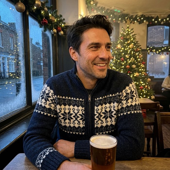 Homme en gilet zippé bleu marine à motif flocons, dans un pub décoré pour Noël