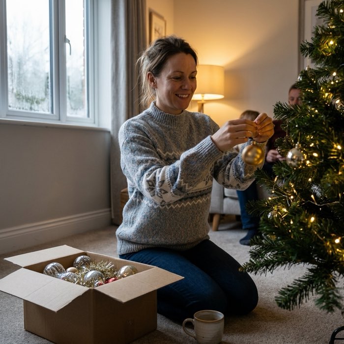 Femme en pull gris à motif flocons en train de décorer le sapin de Noël