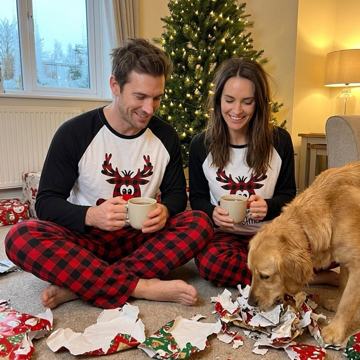 Couple en pyjamas assortis à carreaux rouges avec rennes, sur le sol près du sapin le matin de Noël